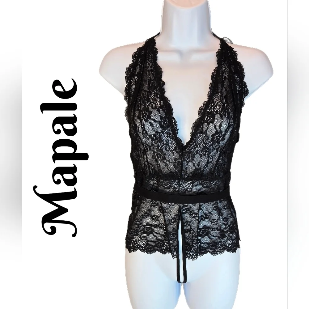 Mapale Womens Crotchless Bodysuit Lingerie Sz L Halter Tie Sexy Sheer
